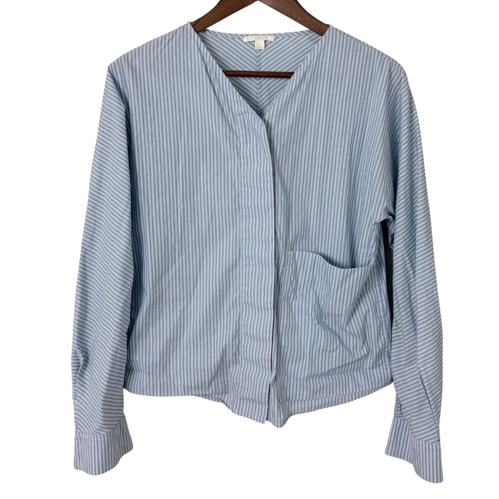 COS V-Neck Stripe Blouse Women's 6 Blue White Hidden Button Front Top Preppy